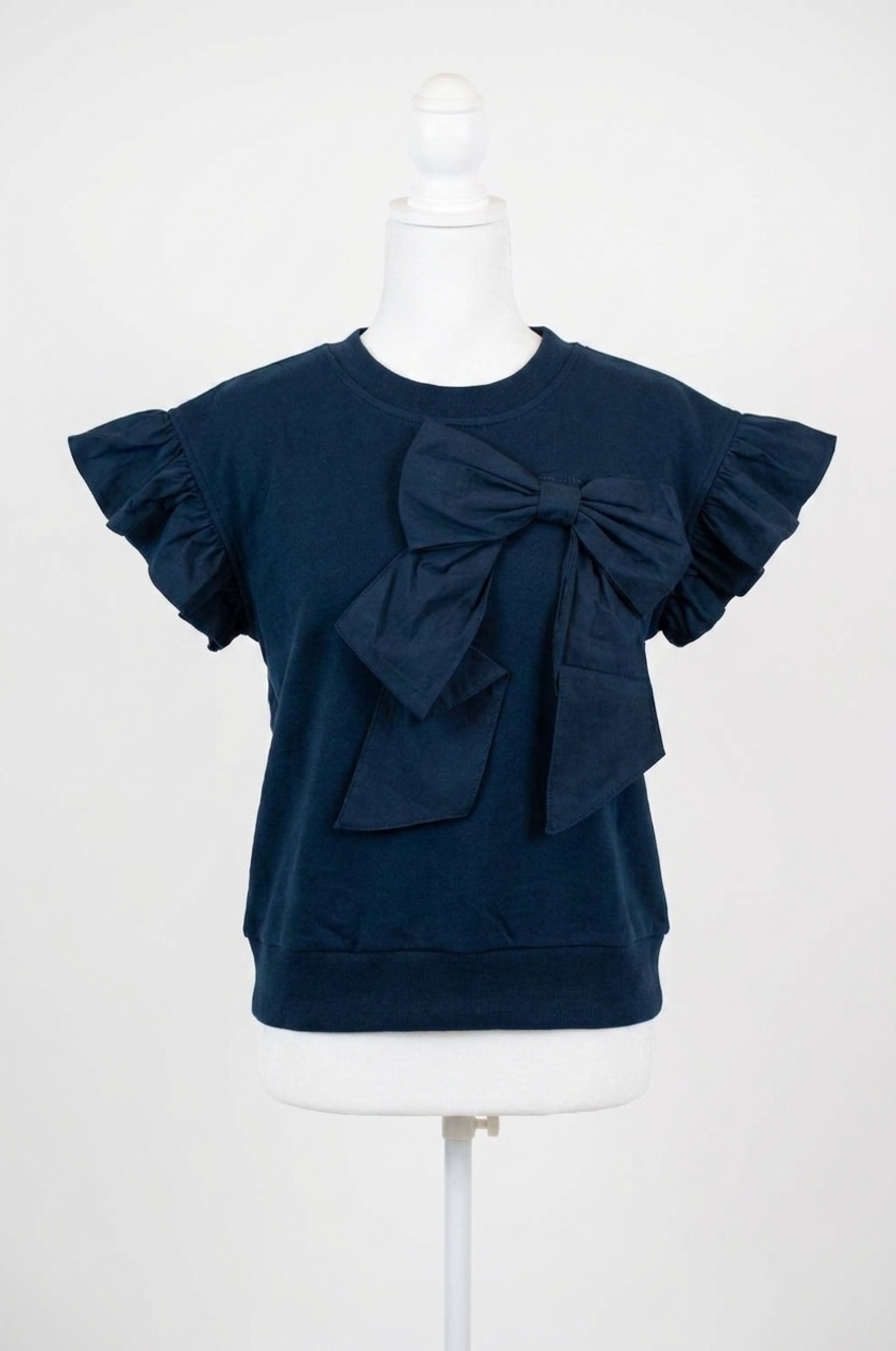NEW VOY ribbon ruffle sleeve top in navy